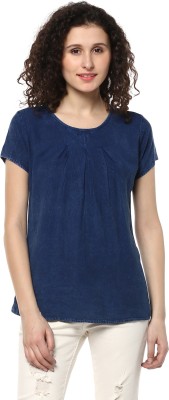 MAYRA Casual Short Sleeve Solid Women Blue Top