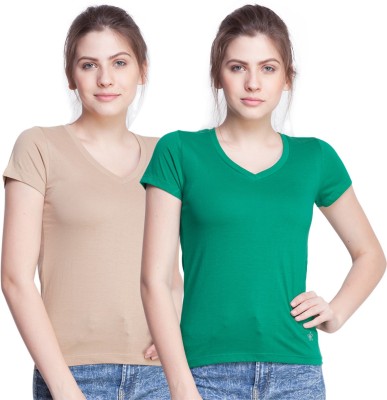 Dollar Missy Casual Half Sleeve Solid Women Green, Beige Top