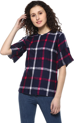 MAYRA Casual Half Sleeve Checkered Women Dark Blue Top