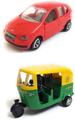 

The Game Begins Combo Toys of Indica Car and Auto Rickshaw Toy for kids | Pull back and Go | Openable Doors | Red and Green Color | Set of 2 Toys(Multicolor)
