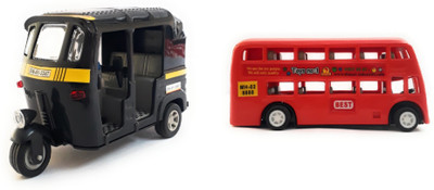

The Game Begins Combo Toys of Double Decker Bus (Mini, Small Size) and Indica Car Toy for kids | Pull back and Go | Openable Doors | Red Color | Set of 2 Toys(Red)