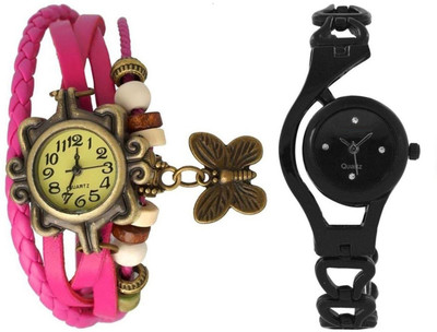 

Freny Exim beautiful stylish attractive rakhi collection vintage pink dori combo watch black colour tone women watch Bracelet watches Watch - For Girls