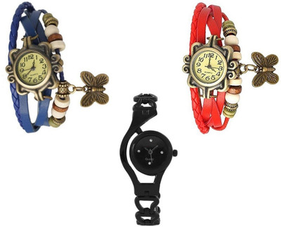 

Freny Exim beautiful stylish attractive rakhi collection vintage blue red dori combo watch black colour tone women watch Bracelet watches Watch - For Girls
