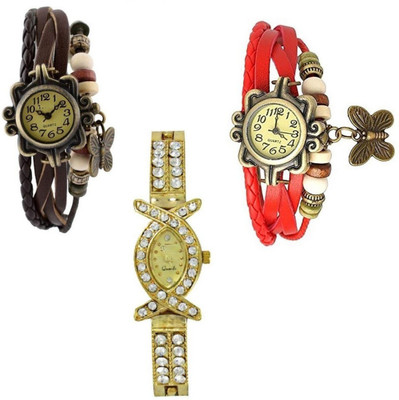 

Freny Exim beautiful stylish attractive rakhi collection vintage brown red dori combo watch Gold colour tone diamond Studded women watch Bracelet watches Watch - For Girls