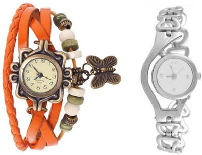

Freny Exim beautiful stylish attractive rakhi collection vintage orange dori combo watch silver colour metal chain strap women watch Bracelet watches Watch - For Girls