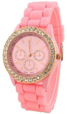 

Musket Pink rubber belt crystal studded women Watch - For Girls