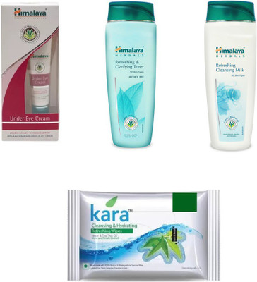 Himalaya under eye cream, refreshing and clarifying toner, refreshing cleansing milk, kara skin care wipes(Set of 4)