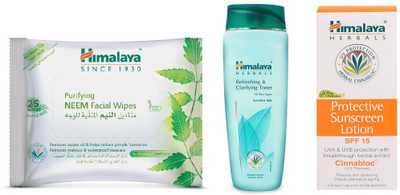 

Himalaya Purifying Neem Facial Wipes, Refreshing & Clarifying Toner, Protective Suncreen Lotion(Set of 3)