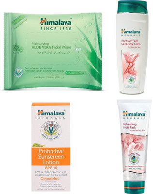 

Himalaya Aloe Vera Facial Wipes, Intensive Face Moisturizing Lotion, Protective Suncreen Lotion, Refreshing Fruit Pack(Set of 4)