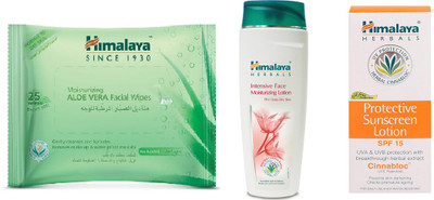 

Himalaya Aloe Vera Facial Wipes, Intensive Face Moisturizing Lotion, Protective Suncreen Lotion(Set of 3)