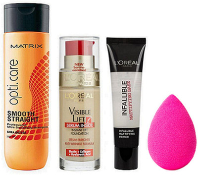 

Opticare Sponge Puff,Martrix Smooth Straight Shampoo,L'Oreal Instant Lift Foundation,Primer(Set of 4)