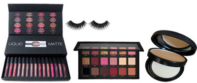 

Professional kit Of Eyelashes,16 Piece Multi color Matte Liquid Lip Glosses,Rose Gold Edition Eye shadow Palette & Huda Beauty Loose Powder white compact(Set of 4)
