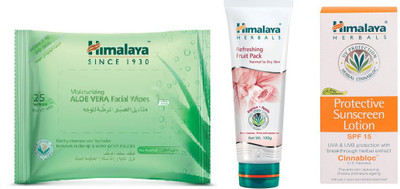 

Himalaya Aloe Vera Facial Wipes, Protective Suncreen Lotion, Refreshing Fruit Pack(Set of 3)