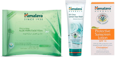 

Himalaya Aloe Vera Facial Wipes, Oil Clear Lemon Face Wash, Protective Suncreen Lotion(Set of 3)
