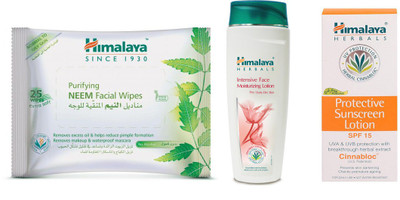

Himalaya Purifying Neem Facial Wipes, Intensive Face Moisturizing Lotion, Protective Suncreen Lotion(Set of 3)