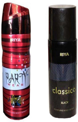 

Riya CLASSICO BLACK PERFUME BODY SPRAY 150 ML + PARTY WEAR PERFUME BODY SPRAY 200 ML Deodorant Spray - For Men & Women(200 ml)