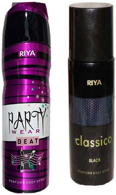 

Riya CLASSICO BLACK PERFUME BODY SPRAY 150 ML + PARTY WEAR BEAT PERFUME BODY SPRAY 200 ML Deodorant Spray - For Men & Women(200 ml)