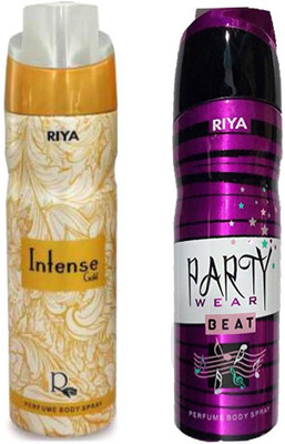 

Riya PARTY WEAR BEAT PERFUME BODY SPRAY 200 ML + INTENSE GOLD PERFUME BODY SPRAY 200 ML Deodorant Spray - For Men & Women(200 ml, Pack of 2)