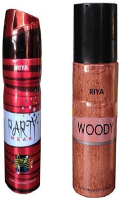 

Riya WOODY PERFUME BODY SPRAY 150 ML +PARTY WEAR PERFUME BODY SPRAY 200 ML Deodorant Spray - For Men & Women(200 ml, Pack of 2)