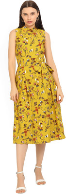 Tokyo Talkies Women Gathered Yellow Knee Length Dress