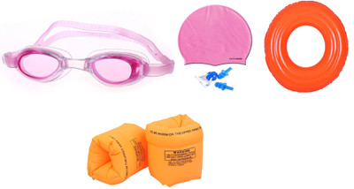 

FACTO POWER MULTICOLOR GOGGLES, CAP WITH EAR, NOSE PLUG, 70 CENTIMER TUBE & ARM FLOTS Swimming Kit