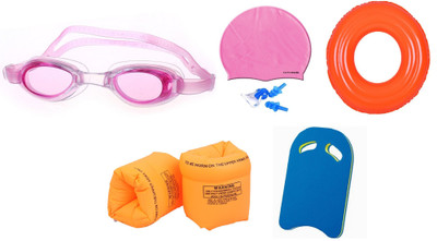 

Facto Power MULTICOLOR GOGGLES, CAP WITH EAR, NOSE PLUG, 80 CENTIMETER TUBE, ARM FLOTS & KICK BOARD Swimming Kit