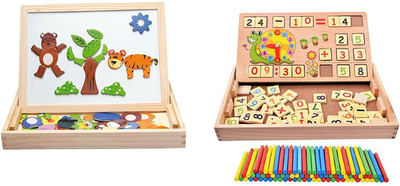 

Civil Magnetic Board Games Animal Puzzle Wooden Educational Drawing Board + 2 in 1 Multi Functional Educational Wooden Digital Computing Learning Blocks Box Set For Kid's Pack of 2 board Game (Combo)(Multicolor)