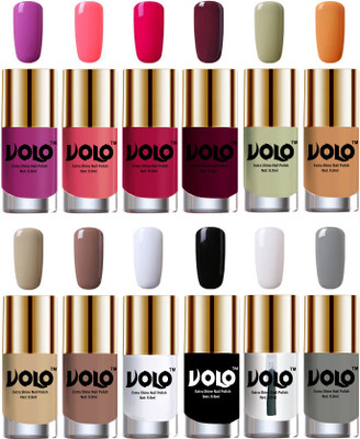 

Volo Luxury Super Shine Nail Polish Set of 12 Vibrant Shades Bright Plum, Pink Mania, Moon Magenta, Wine, Mischievous Mint, Flirty Nude, Nude, Dark Nude, Matte White, Black, Extra Shine Top Coat, Grey(Pack of 12)