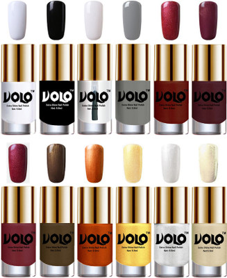 

Volo Luxury Super Shine Nail Polish Set of 12 Vibrant Shades Matte White, Black, Extra Shine Top Coat, Grey, Lava Lust, Shimmer Coffee, Metallic Red, Gold, Metallic Coffee, Red Gold, Golden, Metallic Silver, Light Golden(Pack of 12)