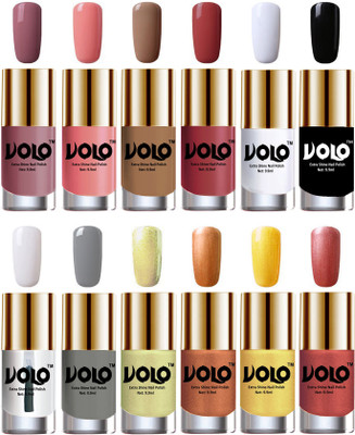 

Volo Luxury Super Shine Nail Polish Set of 12 Vibrant Shades Nudes Spring, Candy Cotton, Dark Nude, Tan, Matte White, Black, Extra Shine Top Coat, Grey, Chrome Olive Green, Bronze Magnetic, Gold Chrome, Hot Lava(Pack of 12)