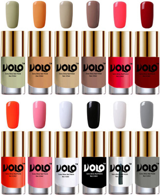 

Volo Luxury Super Shine Nail Polish Set of 12 Vibrant Shades Mischievous Mint, Flirty Nude, Nude, Dark Nude, Carrot Red, Red, Coral, Light Pink, Matte White, Black, Extra Shine Top Coat, Grey(Pack of 12)
