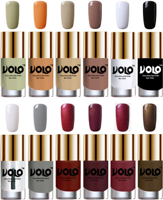 

Volo Luxury Super Shine Nail Polish Set of 12 Vibrant Shades Mischievous Mint, Flirty Nude, Nude, Dark Nude, Matte White, Black, Extra Shine Top Coat, Grey, Lava Lust, Shimmer Coffee, Metallic Red, Gold, Metallic Coffee(Pack of 12)