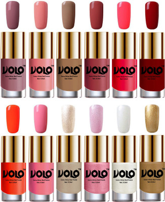 

Volo Luxury Super Shine Nail Polish Set of 12 Vibrant Shades Nudes Spring, Candy Cotton, Dark Nude, Tan, Carrot Red, Red, Coral, Light Pink, Chrome Rust, Metallic Pink, Pearly White Chrome, Golden(Pack of 12)