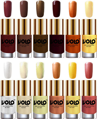 

Volo Luxury Super Shine Nail Polish Set of 12 Vibrant Shades Metallic Maroon, Chocolate Brown, Brown Coffee, Maroon, Red Gold, Golden, Metallic Silver, Light Golden, Chrome Olive Green, Bronze Magnetic, Gold Chrome, Hot Lava(Pack of 12)