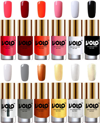 

Volo Luxury Super Shine Nail Polish Set of 12 Vibrant Shades Carrot Red, Red, Coral, Light Pink, Matte White, Black, Extra Shine Top Coat, Grey, Red Gold, Golden, Metallic Silver, Light Golden(Pack of 12)