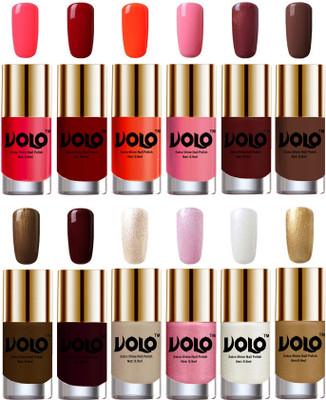 

Volo Luxury Super Shine Nail Polish Set of 12 Vibrant Shades Carrot Red, Red, Coral, Light Pink, Metallic Maroon, Chocolate Brown, Brown Coffee, Maroon, Chrome Rust, Metallic Pink, Pearly White Chrome, Golden(Pack of 12)