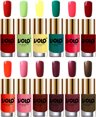 

Volo Luxury Super Shine Nail Polish Set of 12 Vibrant Shades Reddish Orange, Parrot Green, Yellow, Radium Green, Carrot Red, Red, Coral, Light Pink, Lava Lust, Shimmer Coffee, Metallic Red, Gold, Metallic Coffee(Pack of 12)