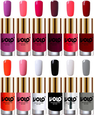 

Volo Luxury Super Shine Nail Polish Set of 12 Vibrant Shades Bright Plum, Pink Mania, Moon Magenta, Wine, Carrot Red, Red, Coral, Light Pink, Matte White, Black, Extra Shine Top Coat, Grey(Pack of 12)