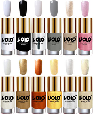 

Volo Luxury Super Shine Nail Polish Set of 12 Vibrant Shades Matte White, Black, Extra Shine Top Coat, Grey, Chrome Rust, Metallic Pink, Pearly White Chrome, Golden, Red Gold, Golden, Metallic Silver, Light Golden(Pack of 12)