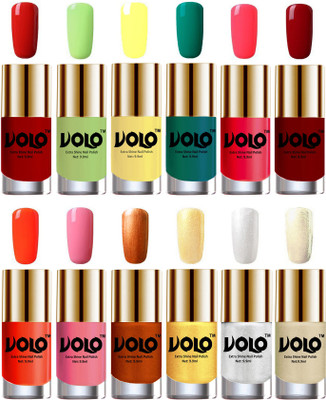 

Volo Luxury Super Shine Nail Polish Set of 12 Vibrant Shades Reddish Orange, Parrot Green, Yellow, Radium Green, Carrot Red, Red, Coral, Light Pink, Red Gold, Golden, Metallic Silver, Light Golden(Pack of 12)
