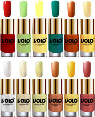 

Volo Luxury Super Shine Nail Polish Set of 12 Vibrant Shades Reddish Orange, Parrot Green, Yellow, Radium Green, Red Gold, Golden, Metallic Silver, Light Golden, Chrome Olive Green, Bronze Magnetic, Gold Chrome, Hot Lava(Pack of 12)