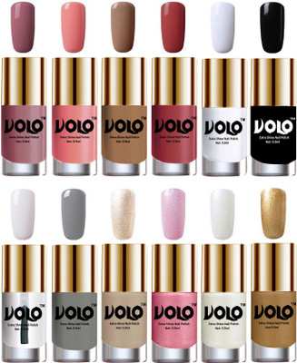 

Volo Luxury Super Shine Nail Polish Set of 12 Vibrant Shades Nudes Spring, Candy Cotton, Dark Nude, Tan, Matte White, Black, Extra Shine Top Coat, Grey, Chrome Rust, Metallic Pink, Pearly White Chrome, Golden(Pack of 12)
