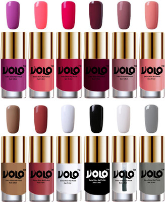 

Volo Luxury Super Shine Nail Polish Set of 12 Vibrant Shades Bright Plum, Pink Mania, Moon Magenta, Wine, Nudes Spring, Candy Cotton, Dark Nude, Tan, Matte White, Black, Extra Shine Top Coat, Grey(Pack of 12)