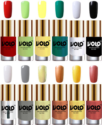 

Volo Luxury Super Shine Nail Polish Set of 12 Vibrant Shades Reddish Orange, Parrot Green, Yellow, Radium Green, Matte White, Black, Extra Shine Top Coat, Grey, Chrome Olive Green, Bronze Magnetic, Gold Chrome, Hot Lava(Pack of 12)