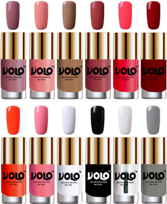 

Volo Luxury Super Shine Nail Polish Set of 12 Vibrant Shades Nudes Spring, Candy Cotton, Dark Nude, Tan, Carrot Red, Red, Coral, Light Pink, Matte White, Black, Extra Shine Top Coat, Grey(Pack of 12)