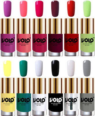 

Volo Luxury Super Shine Nail Polish Set of 12 Vibrant Shades Bright Plum, Pink Mania, Moon Magenta, Wine, Reddish Orange, Parrot Green, Yellow, Radium Green, Matte White, Black, Extra Shine Top Coat, Grey(Pack of 12)
