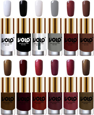 

Volo Luxury Super Shine Nail Polish Set of 12 Vibrant Shades Matte White, Black, Extra Shine Top Coat, Grey, Metallic Maroon, Chocolate Brown, Brown Coffee, Maroon, Lava Lust, Shimmer Coffee, Metallic Red, Gold, Metallic Coffee(Pack of 12)