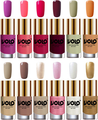 

Volo Luxury Super Shine Nail Polish Set of 12 Vibrant Shades Bright Plum, Pink Mania, Moon Magenta, Wine, Mischievous Mint, Flirty Nude, Nude, Dark Nude, Chrome Rust, Metallic Pink, Pearly White Chrome, Golden(Pack of 12)