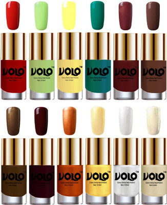 

Volo Luxury Super Shine Nail Polish Set of 12 Vibrant Shades Reddish Orange, Parrot Green, Yellow, Radium Green, Metallic Maroon, Chocolate Brown, Brown Coffee, Maroon, Red Gold, Golden, Metallic Silver, Light Golden(Pack of 12)