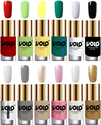 

Volo Luxury Super Shine Nail Polish Set of 12 Vibrant Shades Reddish Orange, Parrot Green, Yellow, Radium Green, Matte White, Black, Extra Shine Top Coat, Grey, Chrome Rust, Metallic Pink, Pearly White Chrome, Golden(Pack of 12)